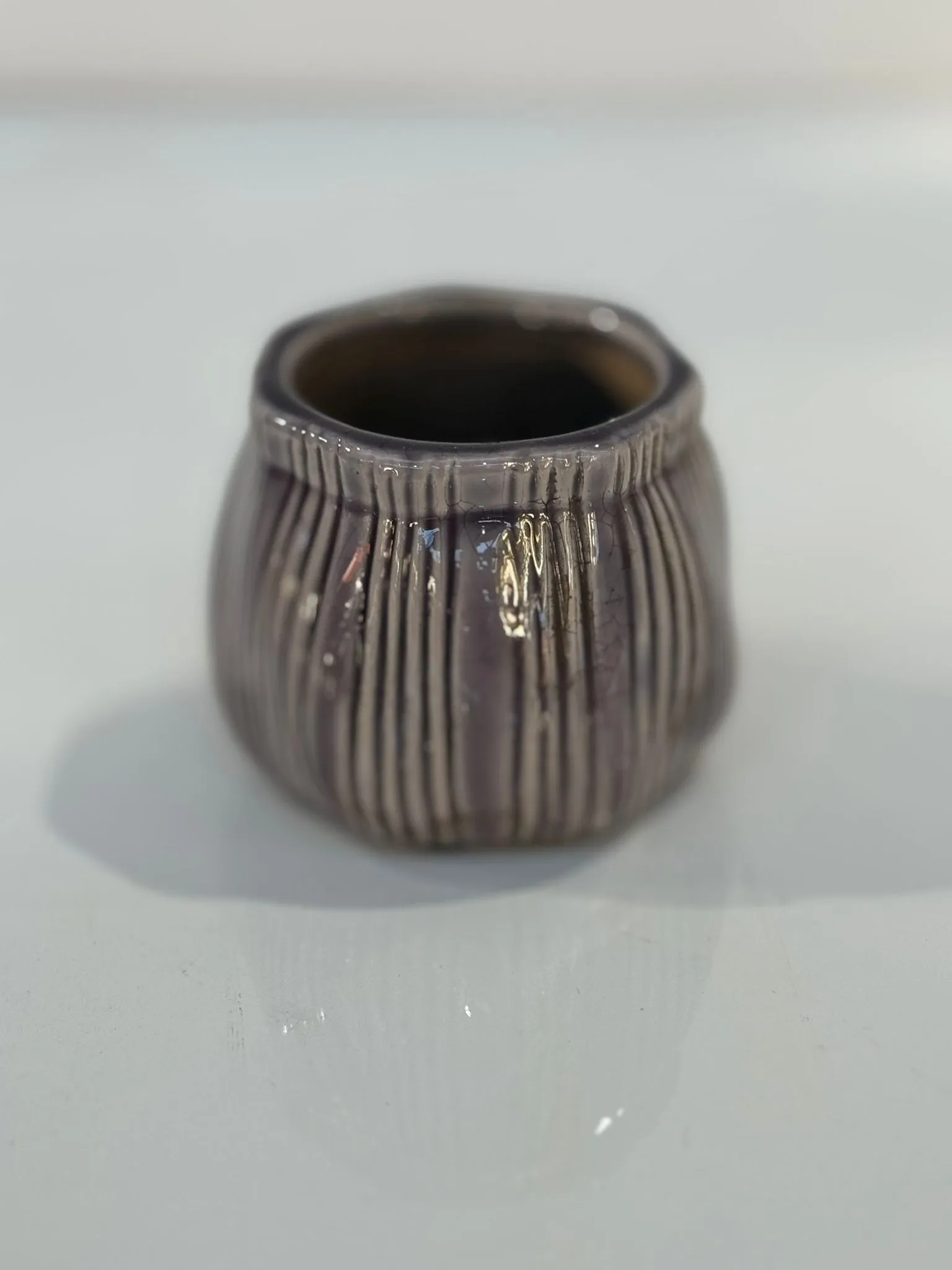 Purple & Grey Ribbed Plant Pot (9cm)