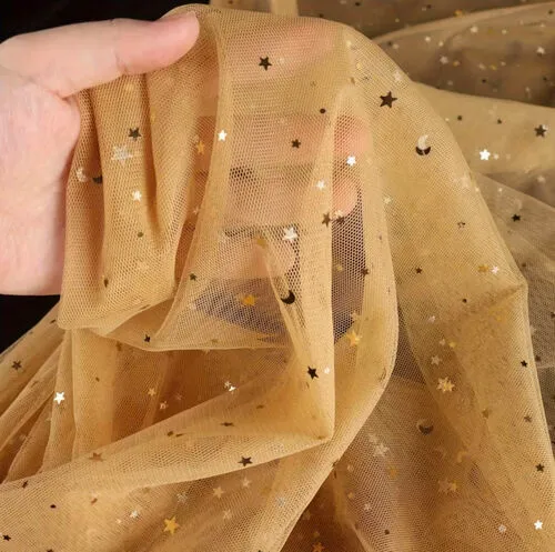 Gold Sheer Fabric with Blue Sequins