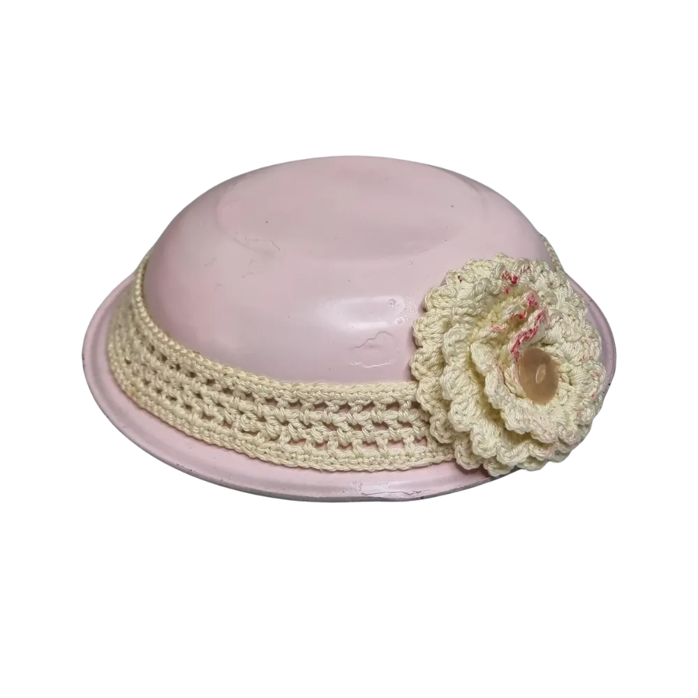 S292 Vintage tin plate hat with crochet flower