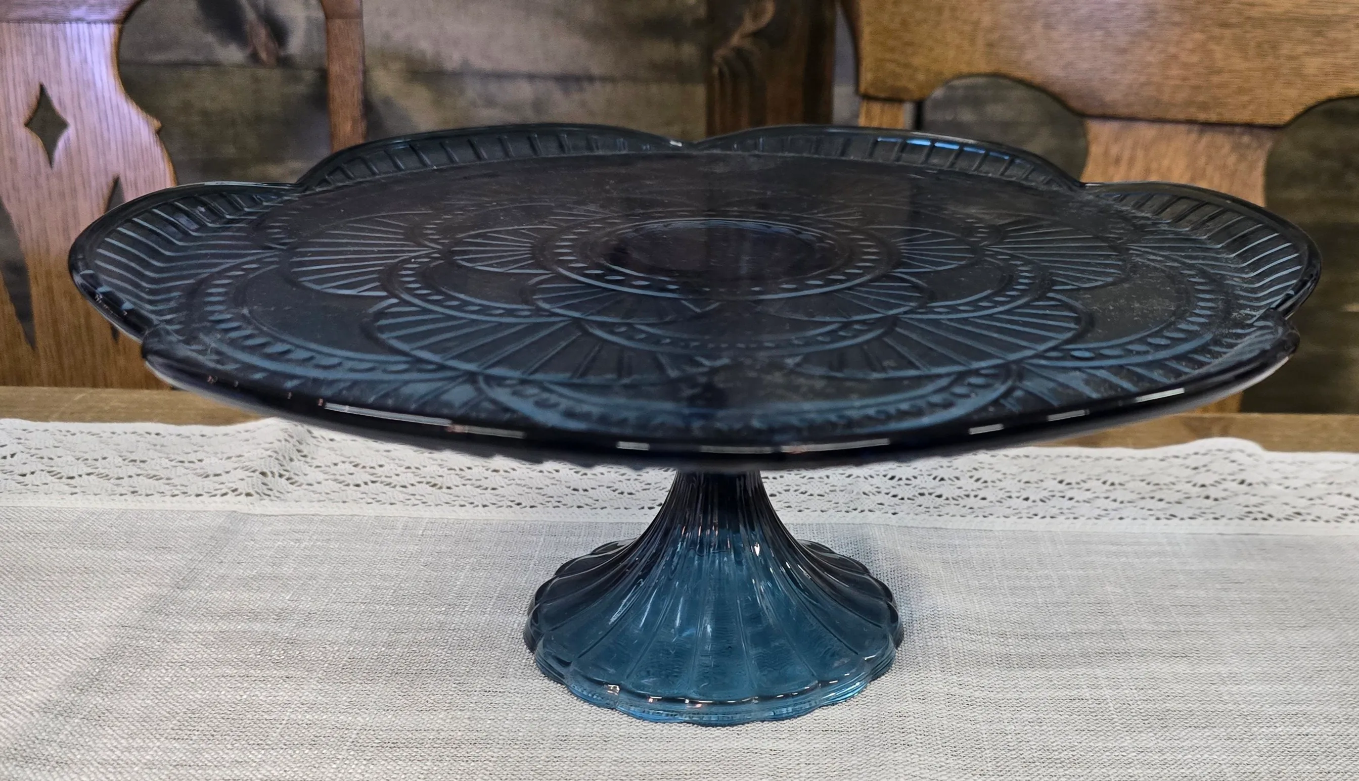 Blue glass cake stand - 12 in