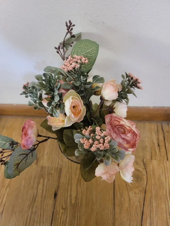 15" Cream Yellow & Light Pink Ranunculus & Rose Bush by Ashland