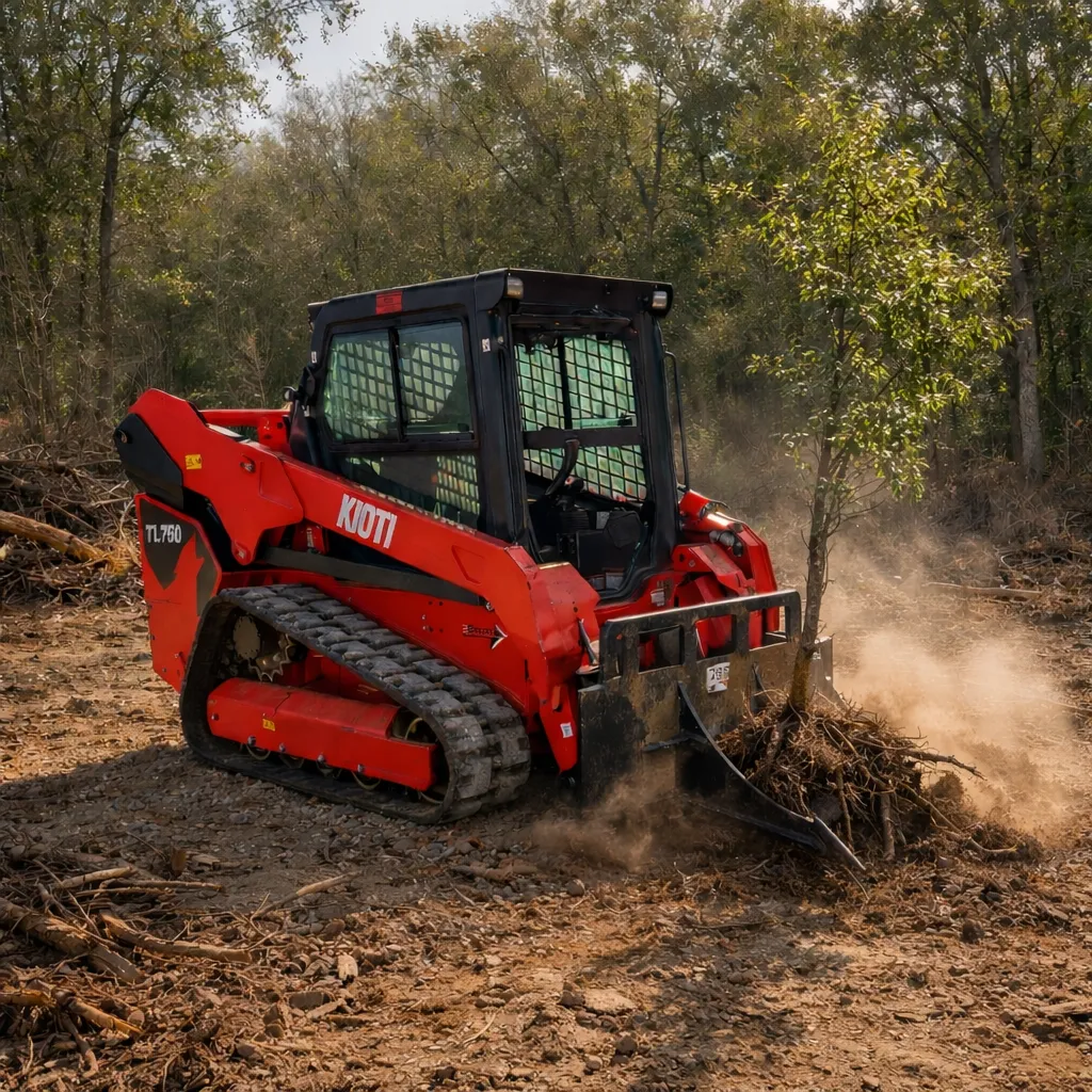 Kioti 75 HP skid steer/bobcat with tree grubber attachment