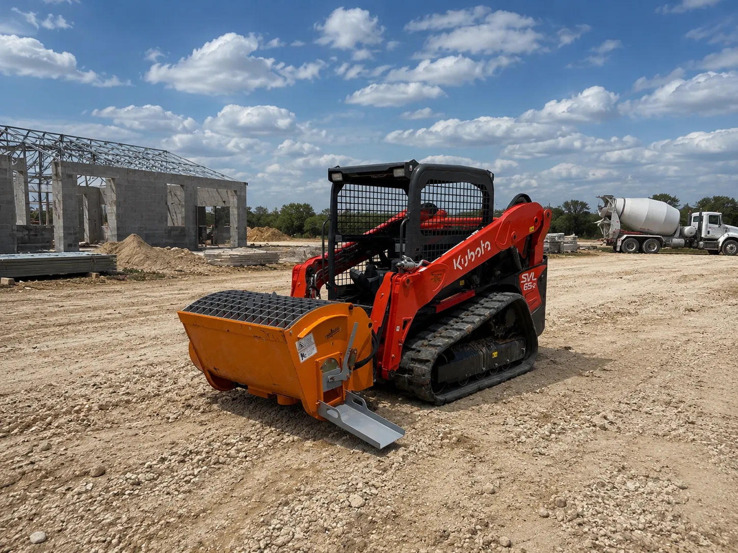 Kubota 65 HP skid steer/bobcat with concrete mixer attachament (Open Cab)
