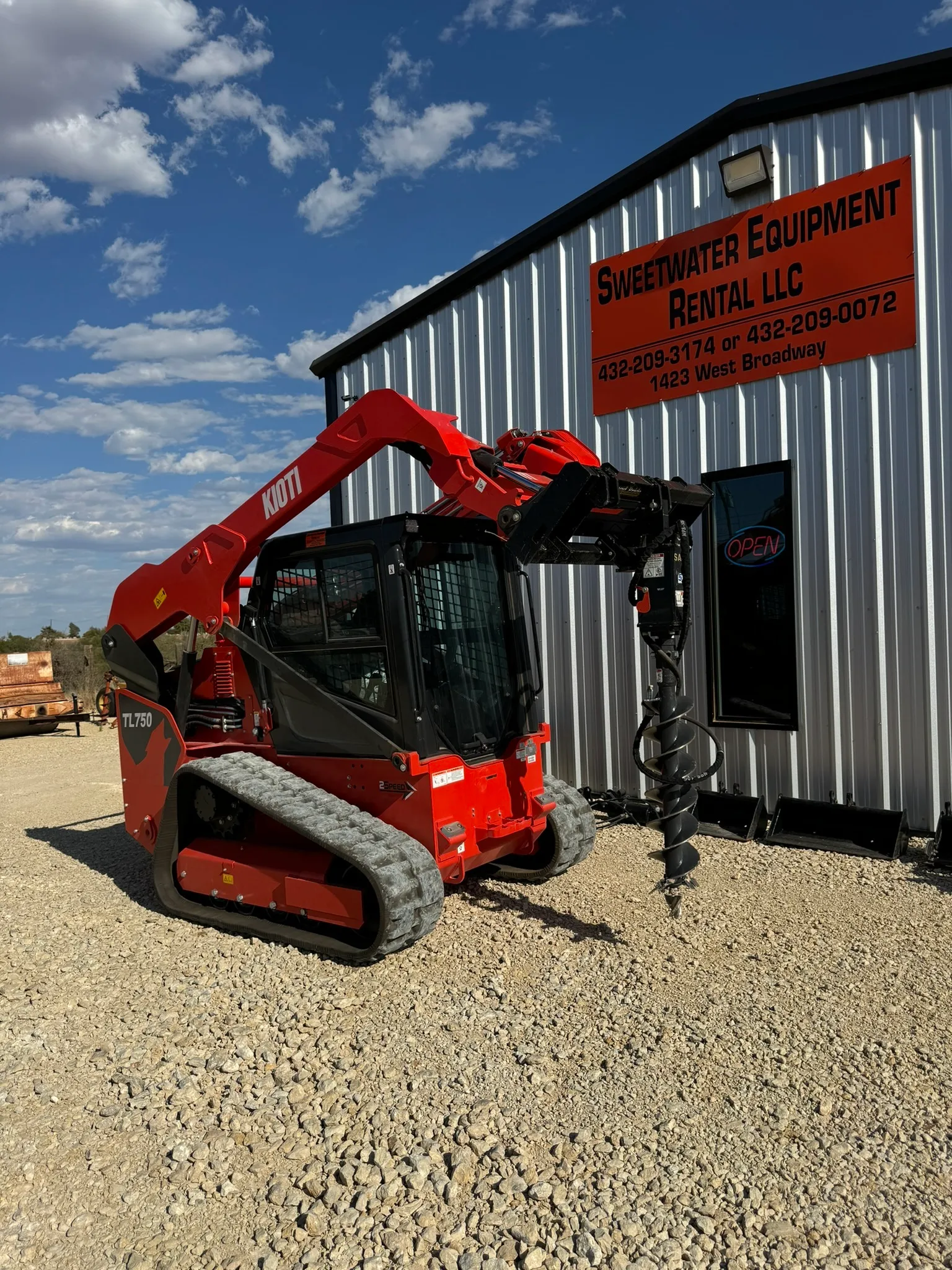 Kioti 75 HP skid steer/bobcat with auger attachment and bit