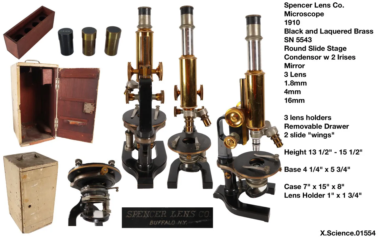 Spencer Lens Co Brass 3 lens Microscope