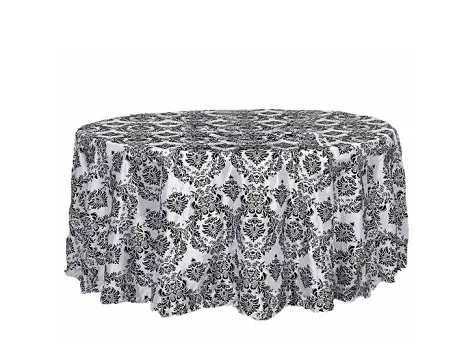 Tablecloth | 120" Black & White Flocking Damask