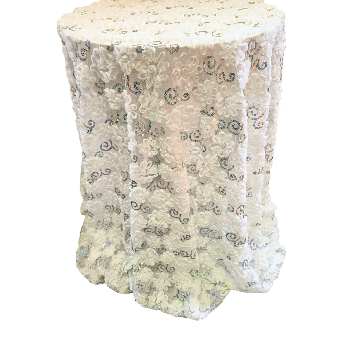 White Embroidered Silver Sequin Swirl Tablecloth Overlay