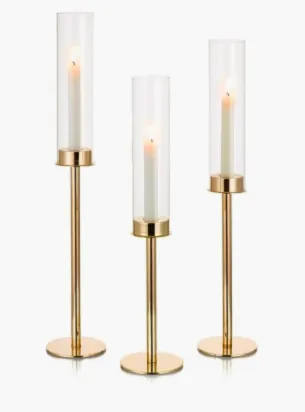 Gold Taper Candle Holder with Glass Sleeve - 3 PC