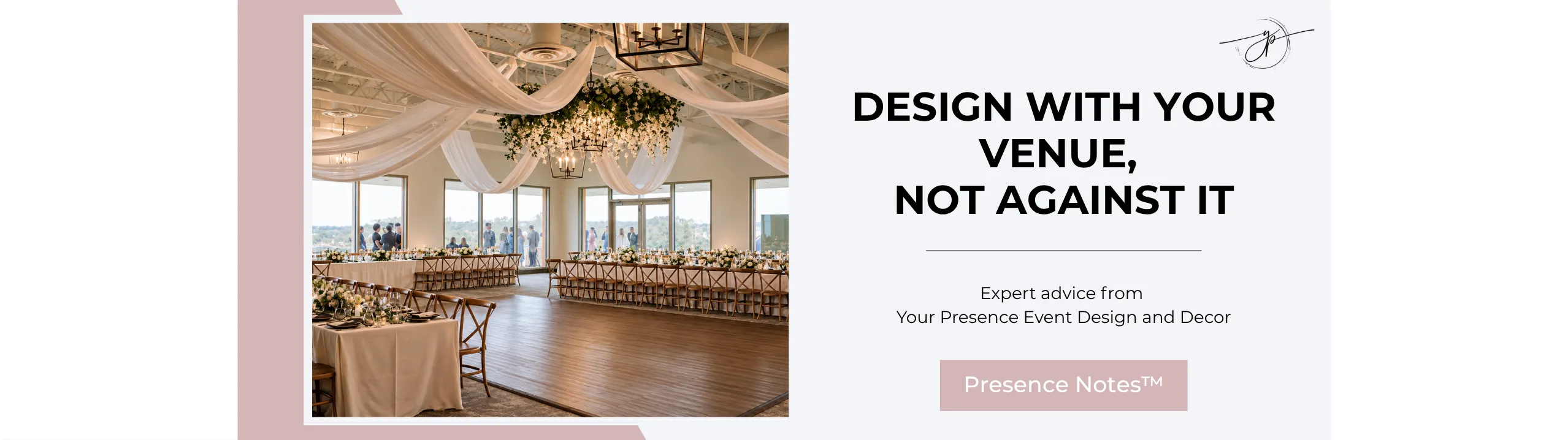 Wedding reception designed by Your Presence Event Design & Décor featuring ceiling draping, suspended florals and long reception tables, as featured in Elegant Weddings Magazine