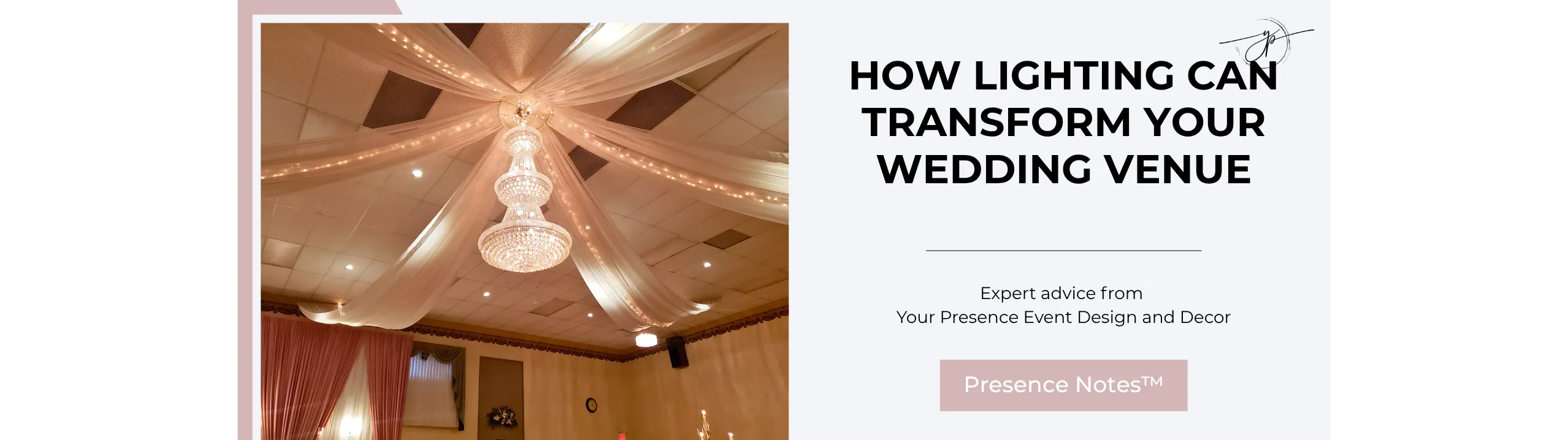 White wedding ceiling draping with warm twinkle lights and an illuminated crystal chandelier