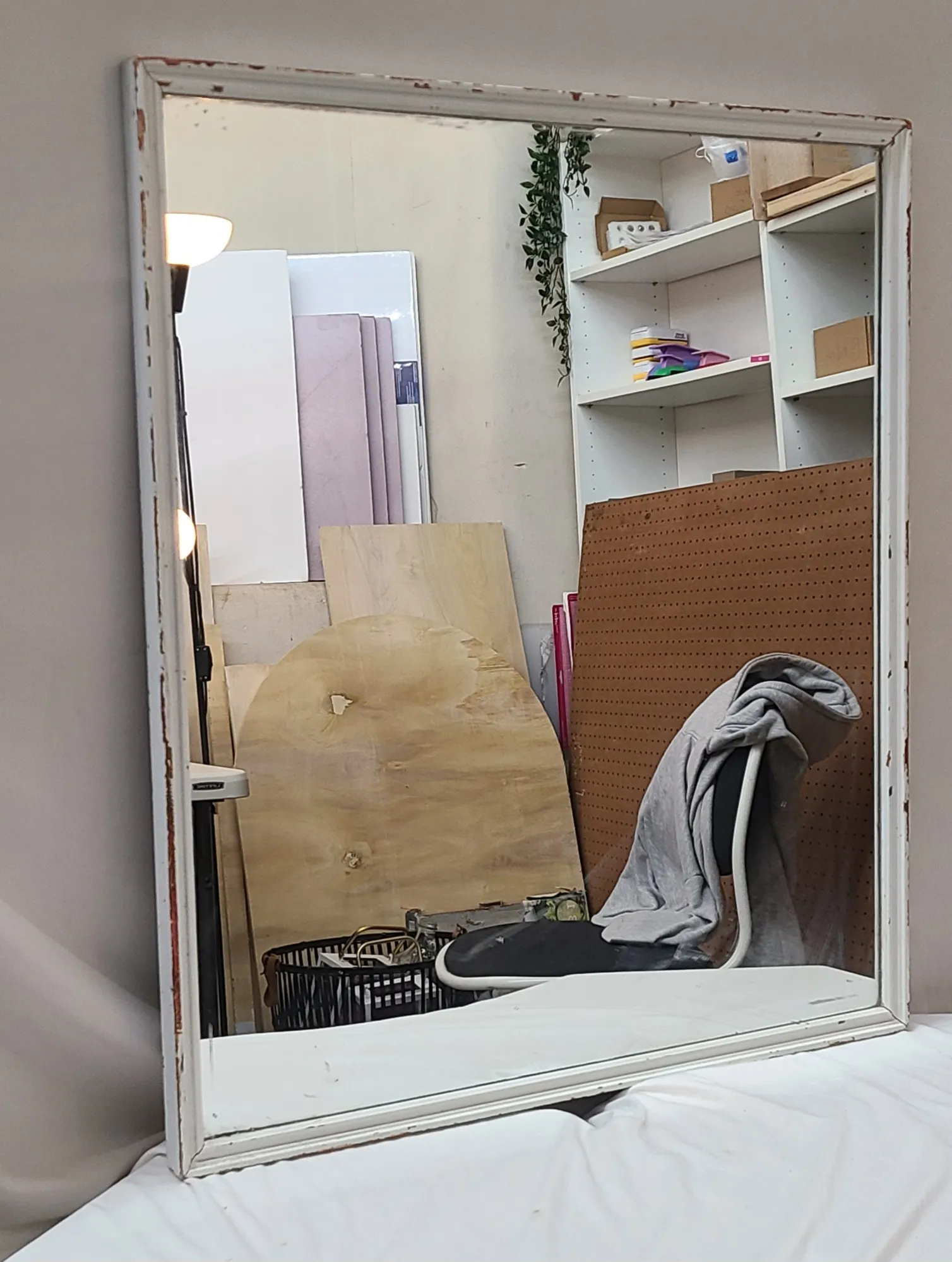 Thin Distressed White Framed Mirror