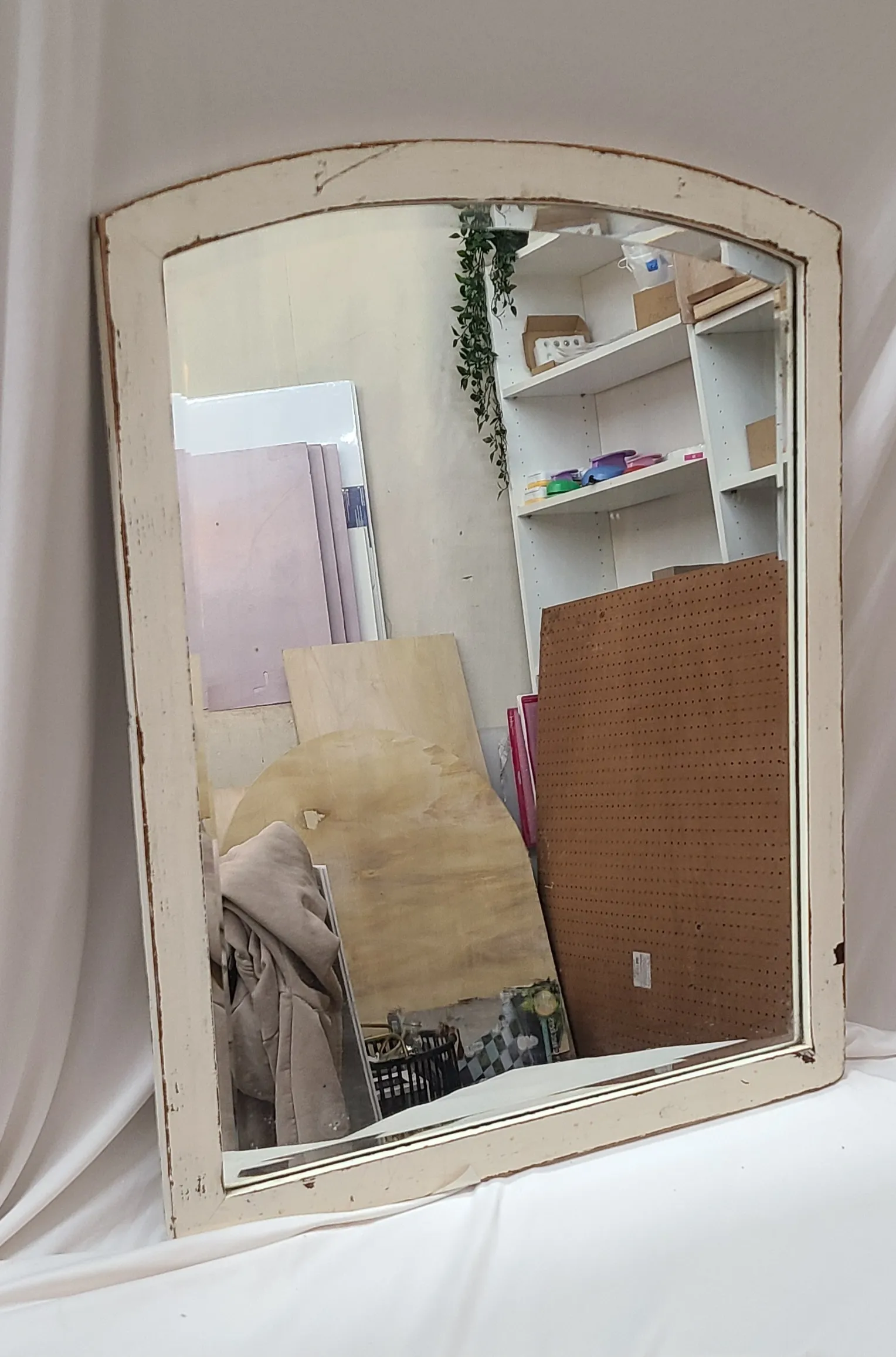 Distressed Curved Whited Framed Mirror