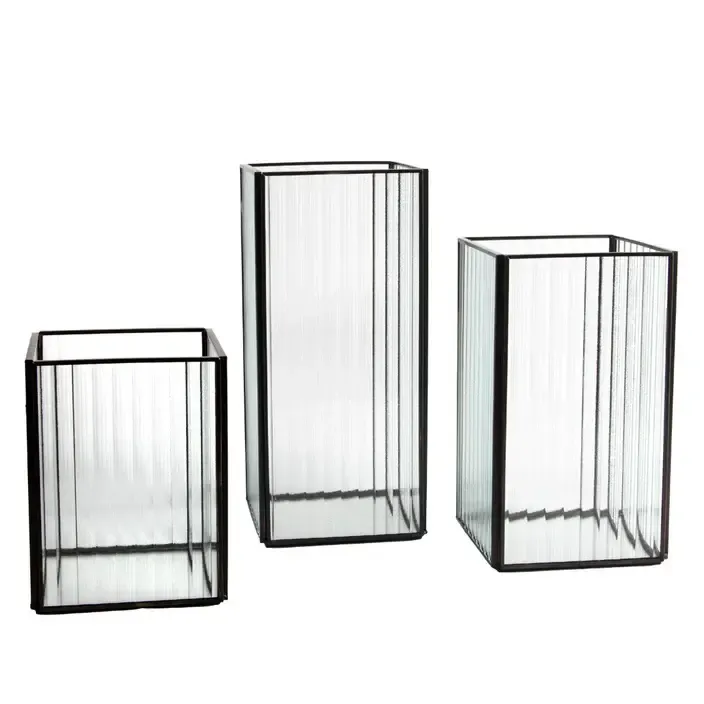 Black Frame (Real Flame) Ribbed Trio Square Hurricane
