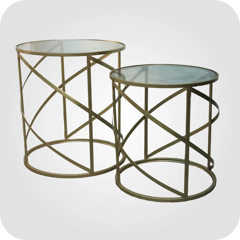 Round gold coffee table with glass set of 2