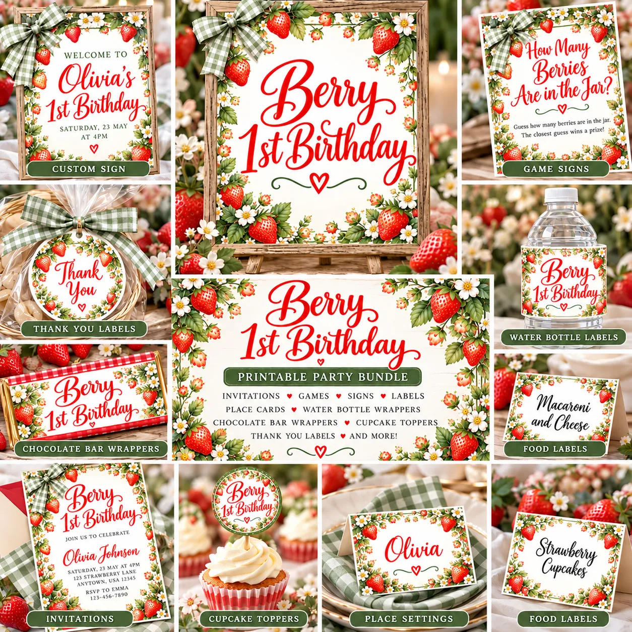 Berry 1st Birthday Downloadable Signs Bundle