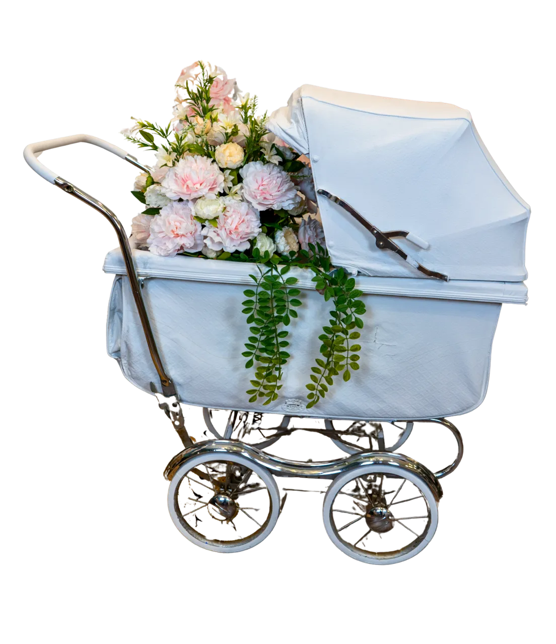 White Baby Pram with Metal Frame and Pink Or Blue Flower Bouquet