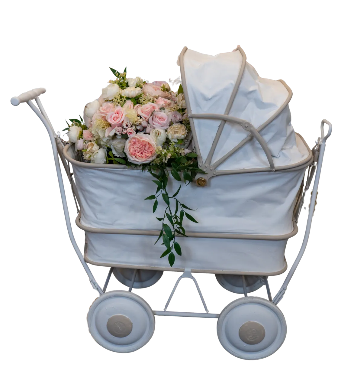 White Baby Pram with Tan Accent Metal with Flower Bouquet