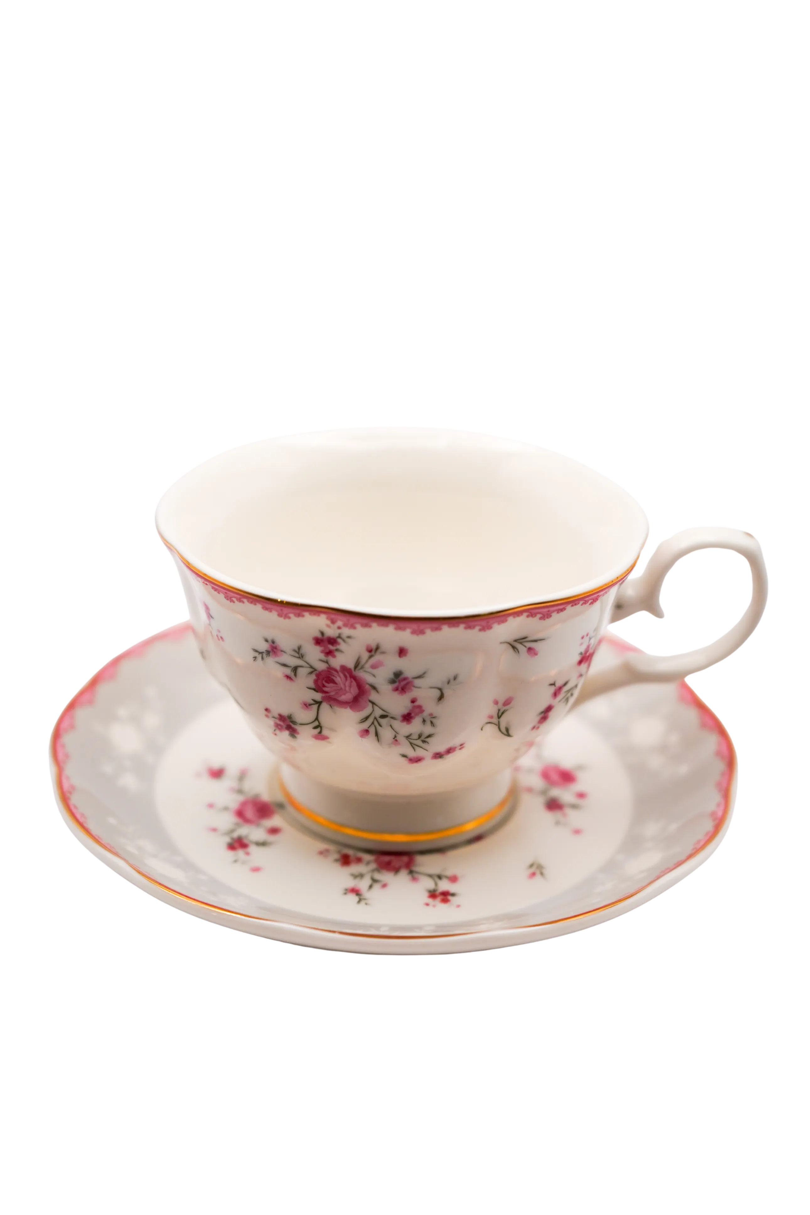 Pink Porcelain Rose Tea Cup and Saucer with Gold Border
