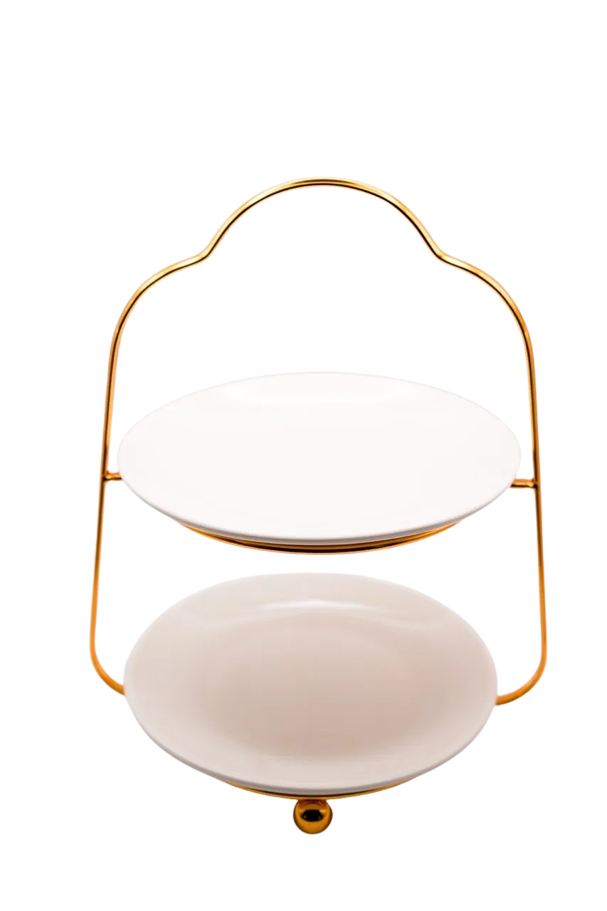 Two-Tier Serving Tray with White Porcelain Plate and Gold Stand