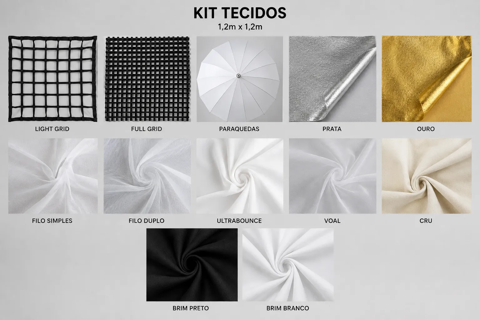 KIT TECIDOS 1,2MX1,2M LIGHTGRID - FULLGRID - PARAQUEDAS - PRATA - OURO - FILO SIMPLES - FILO DUPLO - ULTRABOUNCE - VOAL - CRU - BRIM PRETO - BRIM BRANCO