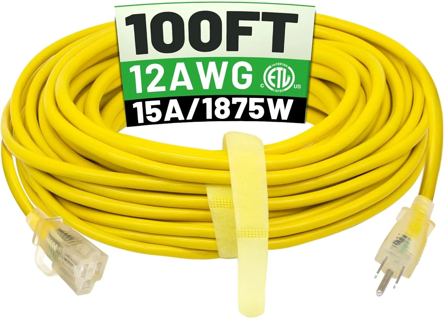 100 ft Heavy-Duty Outdoor Extension Cord, 12/3 Gauge, Waterproof, Lighted End