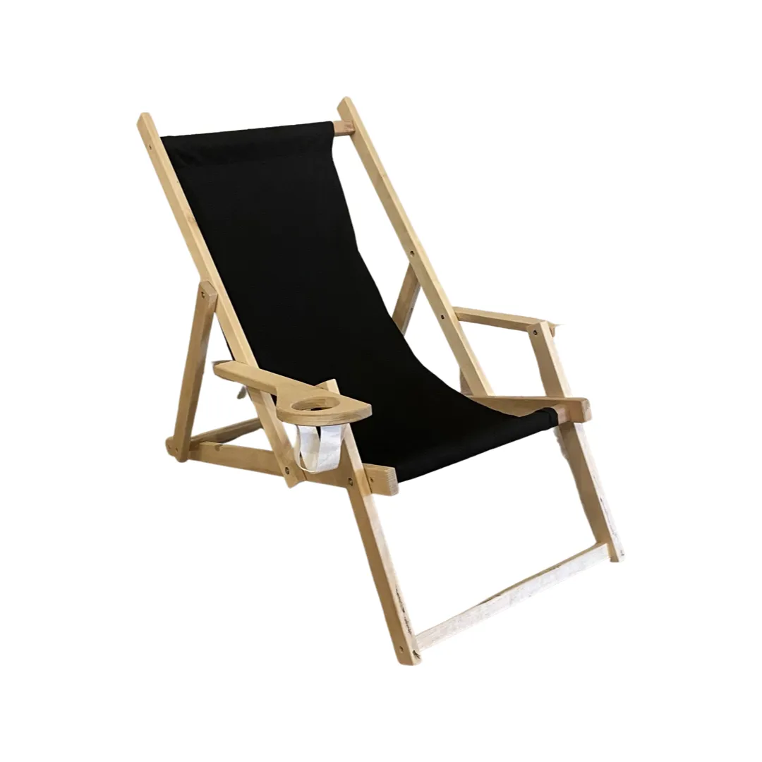 Lehátko plážové černé s držákem na nápoj