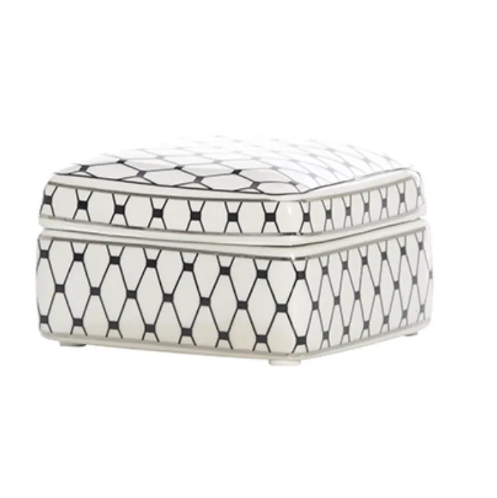Ceramic wht/ blk netting trinket box