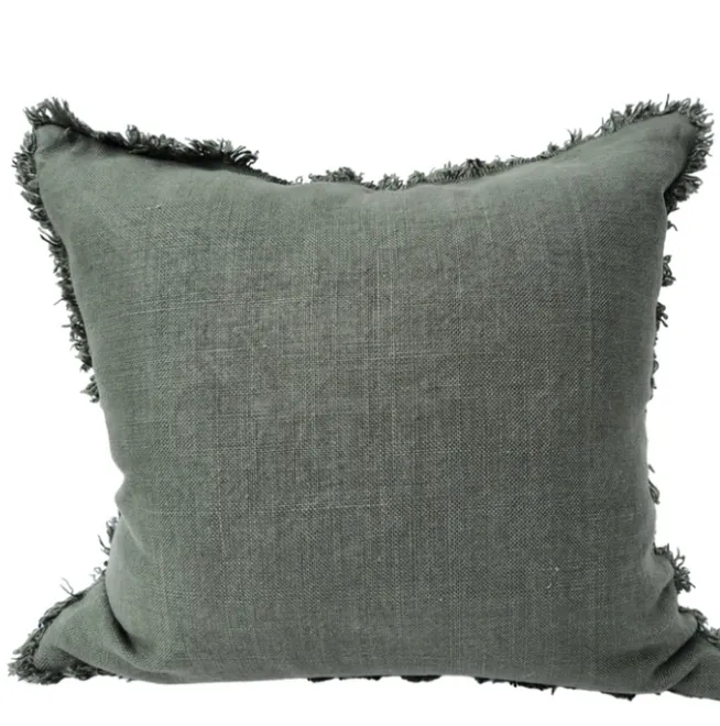 Green bottle heavy weight linen fringe feather cushion
