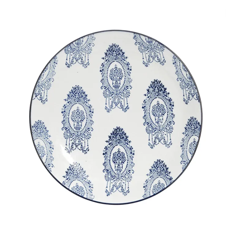 Round ceramic blue platter floral pattern