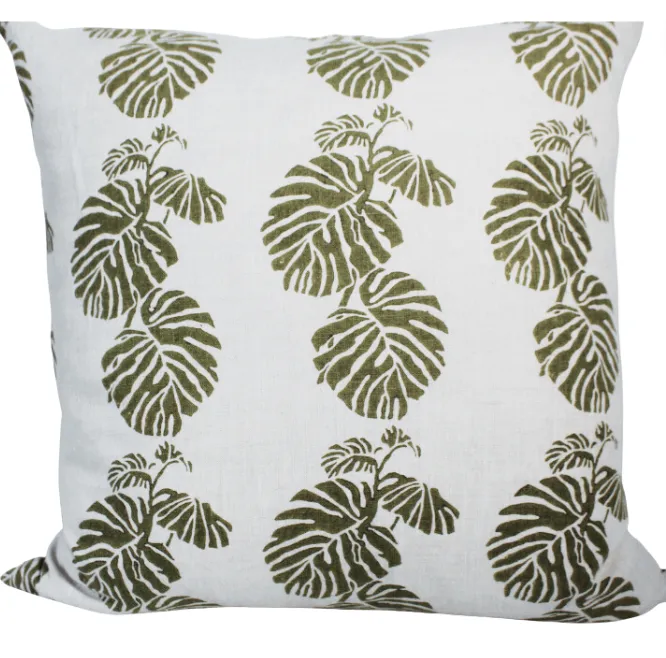 Green leaf block print feather cushion