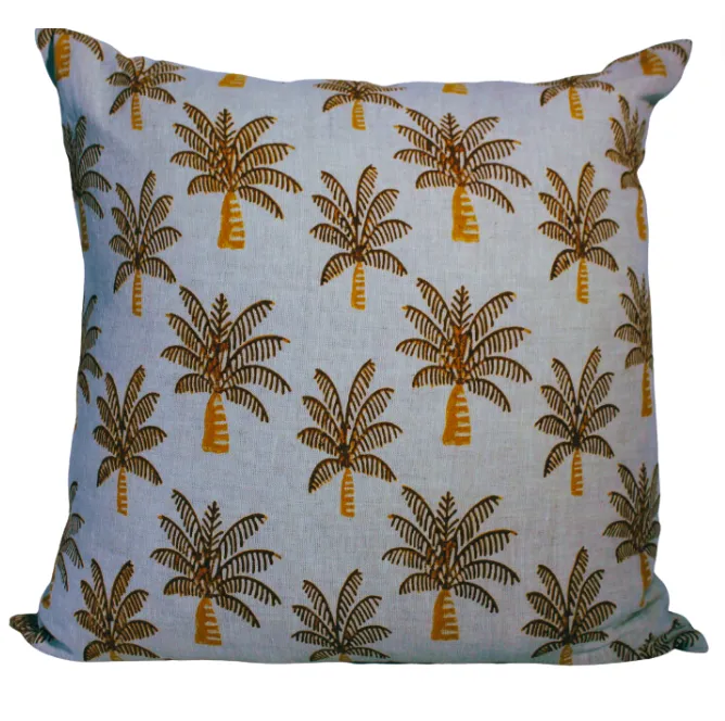 Rust palm tree block print feather cushion