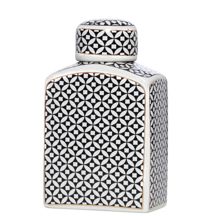 Blk/wht gold trim jar square ginger jar