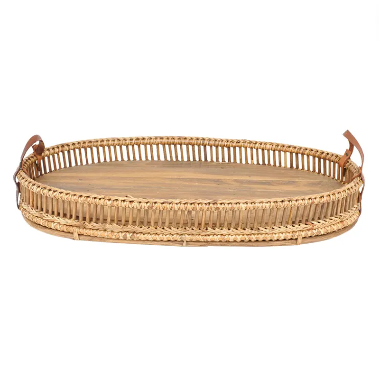 Wooden Oval Tray with Leather Handles 
