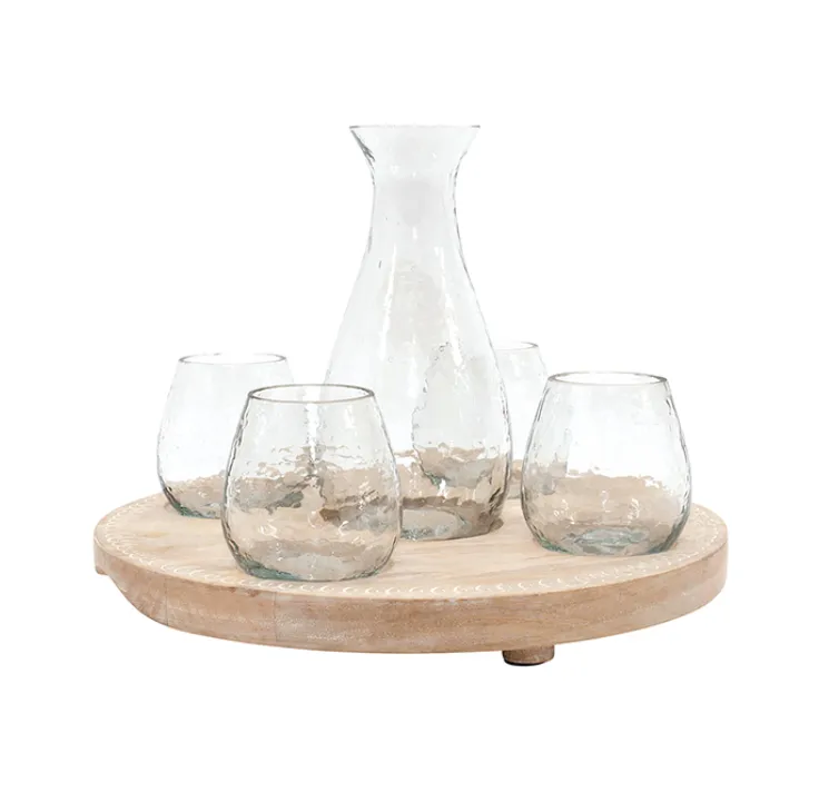 Mango wood tray with decanter & glasses