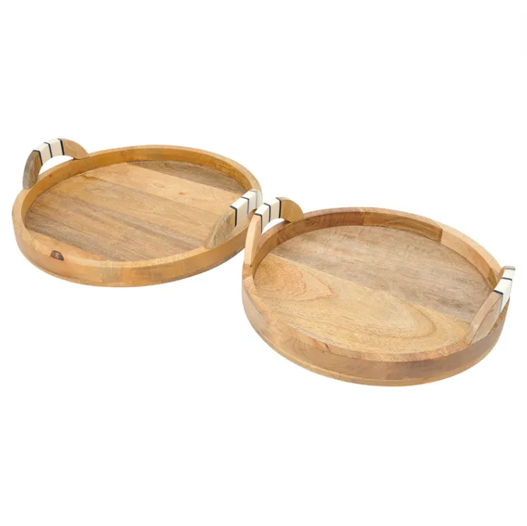Wooden Tray Round with Inlay Handles 
