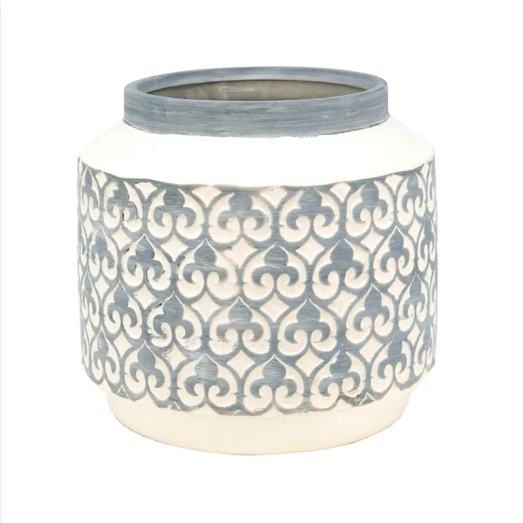 Fleur-De-Lis Ceramic Pot Blue