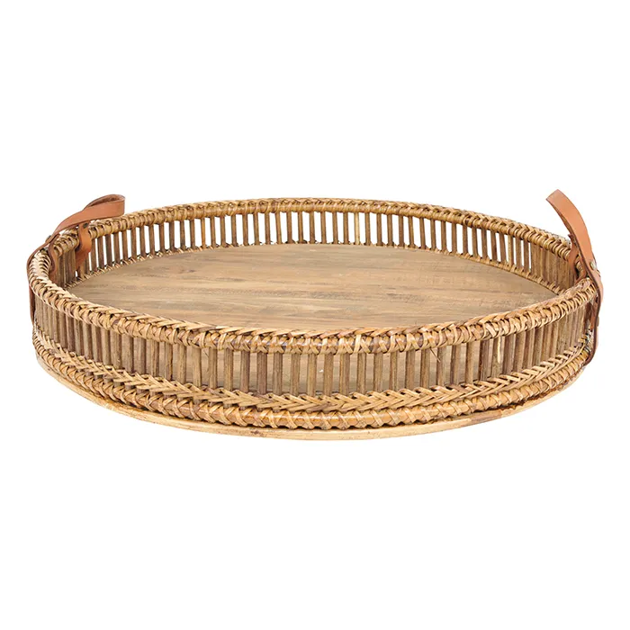 Wooden Round Tray With Leather Handles