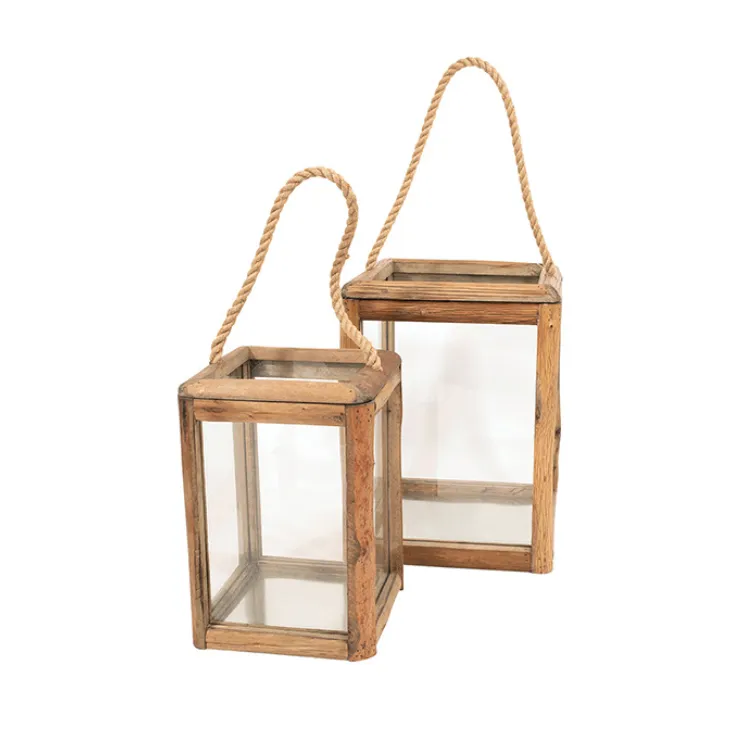 Timber glass square lantern set 2