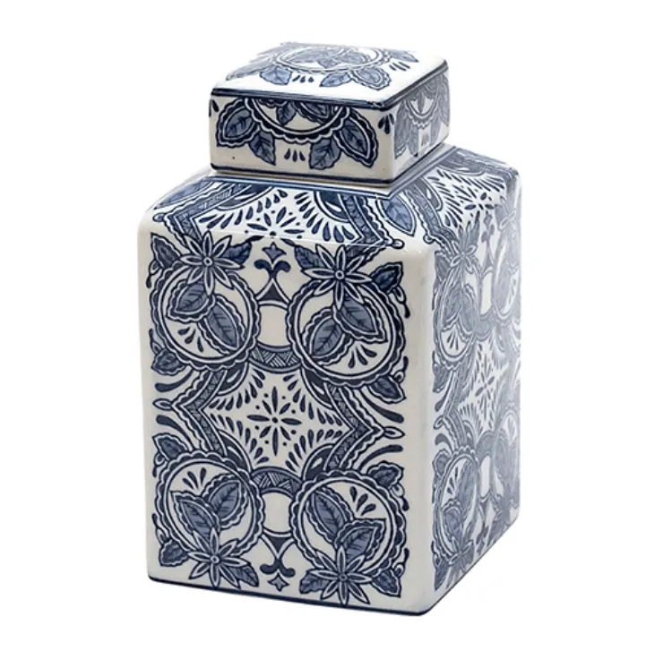 Blue, white porcelain square ginger jar
