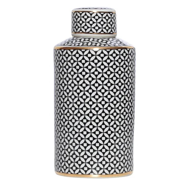 Blk/wht gold trim jar round ginger jar Large
