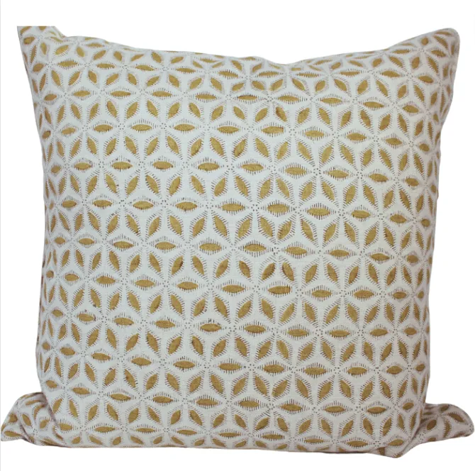 Walter mustard flower block print feather cushion