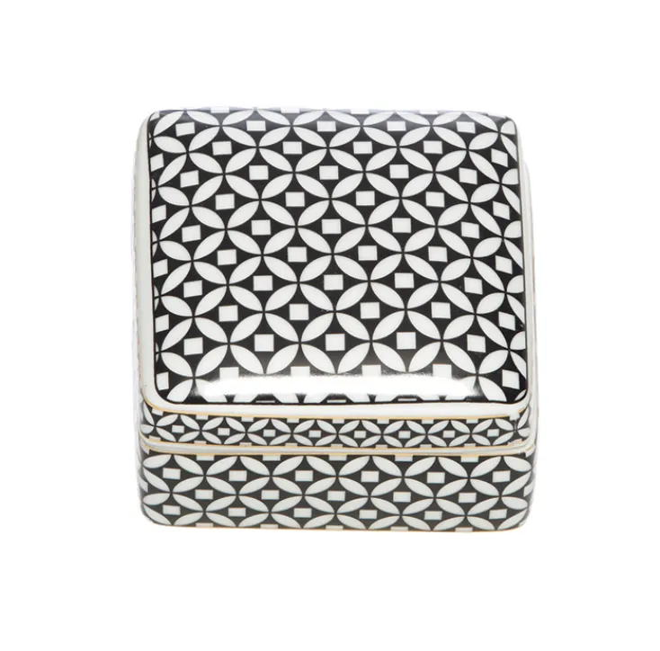 Ceramic blk/wht gold trim trinket box square