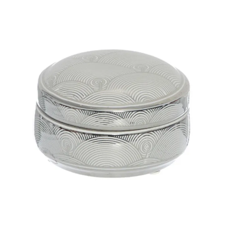 Ceramic silver/wht trinket box round