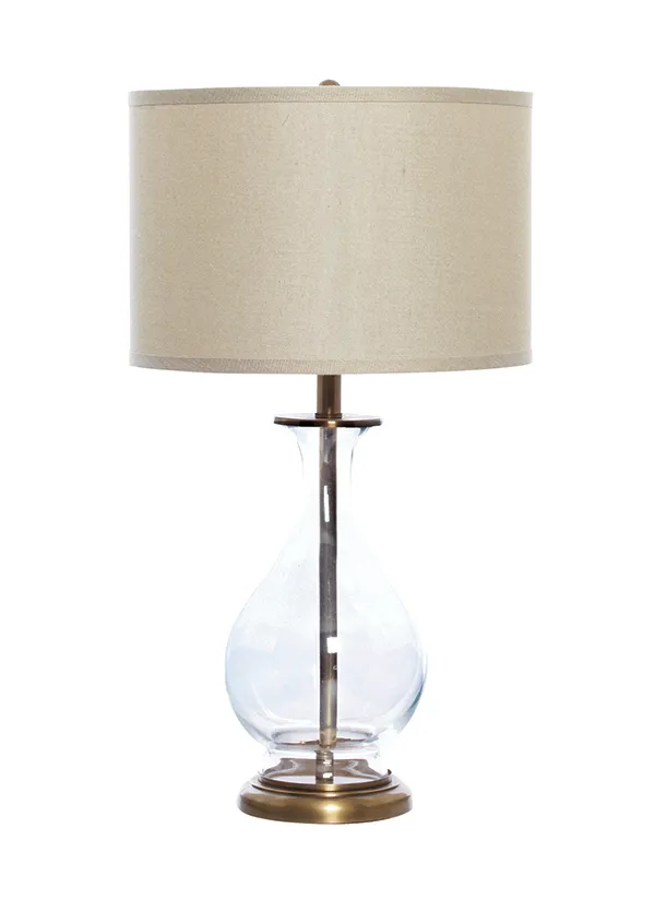Glass brass base lamp linen shade