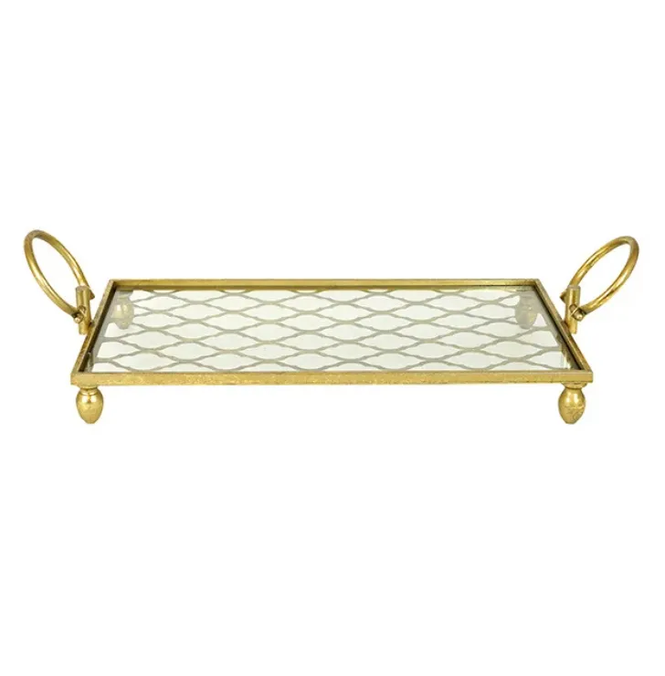 Gold Diamond Metal Glass Rectangle Tray