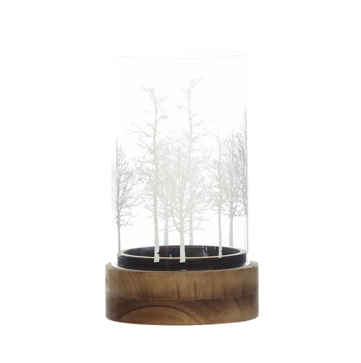 Glass & timber lantern with tree on glass