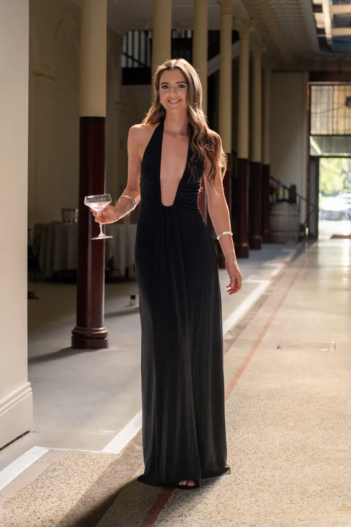 Misha Jennifer Cupro Maxi Dress in Black SIZE XS