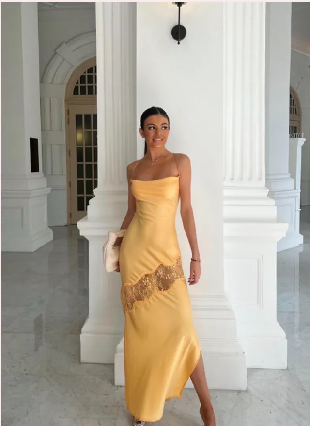 Meshki Chandra  Lace Detail Satin Maxi Dress - Lemon SIZE XS