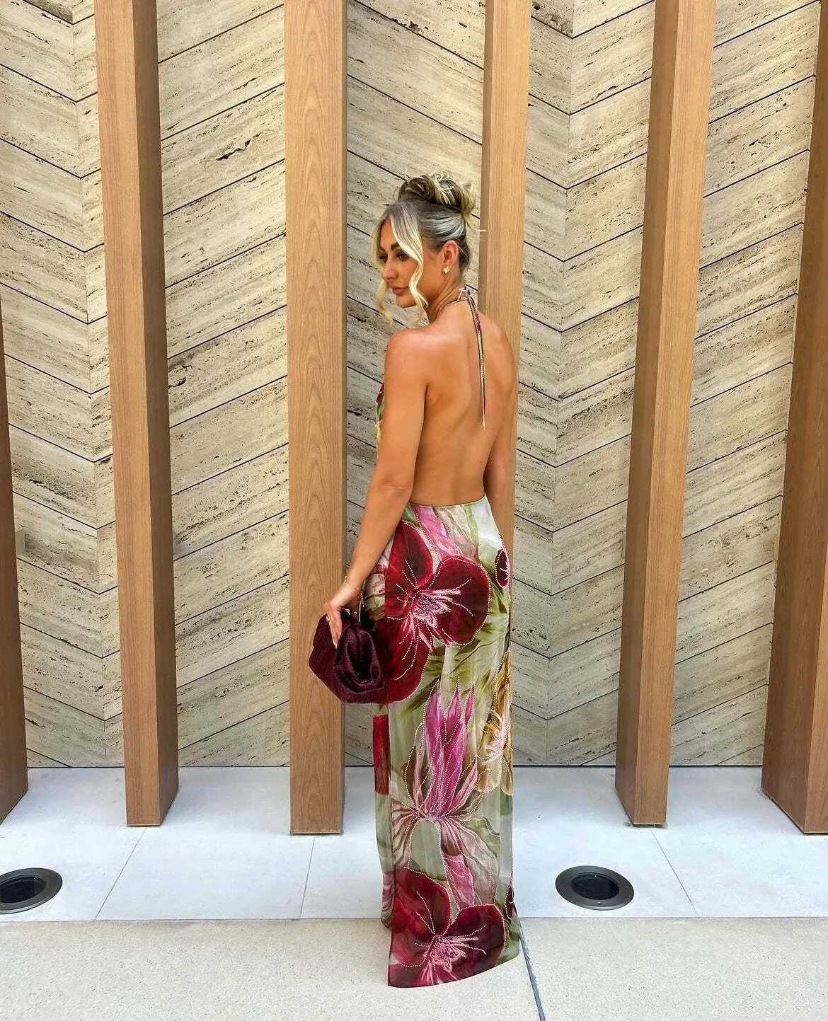 Jaded London Dahlia Hand-Beaded Backless Chiffon Maxi Dress in Rosa SIZE 8