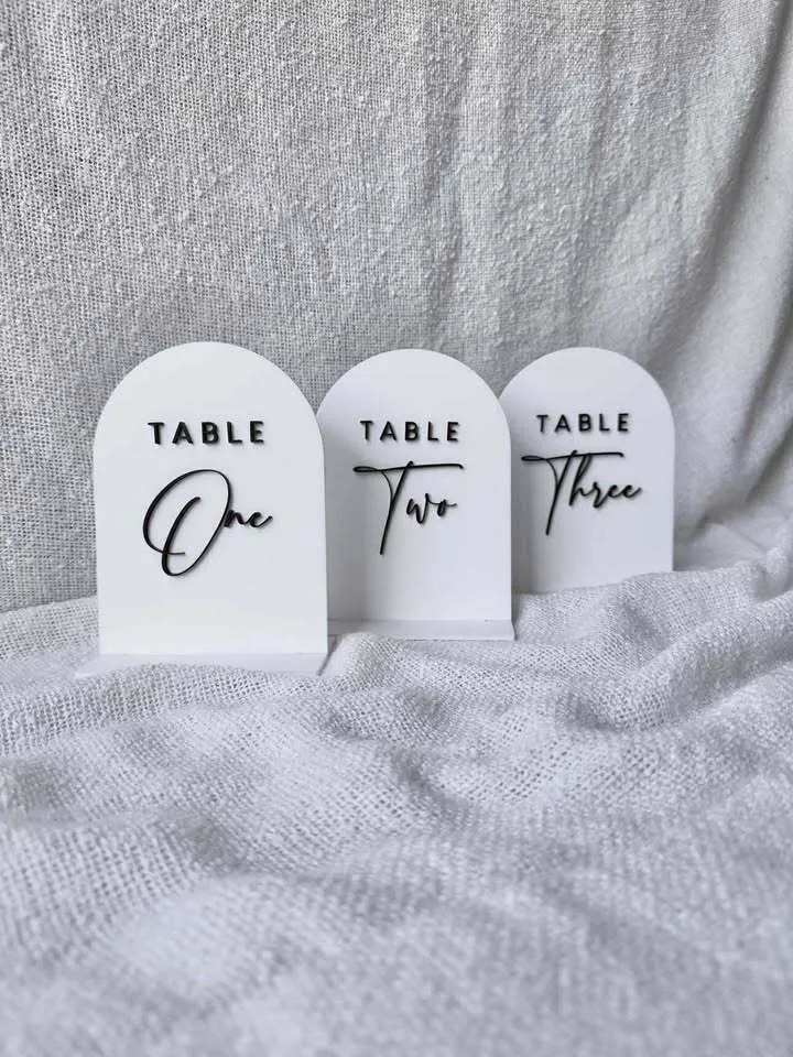 Arch Acrylic Table Number - White backing / Chocolate text